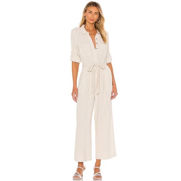 MINKPINK Pants - MINKPINK Revolve Linen Boilersuit Sand Wide Leg Utility Romper Jumpsuit Womens M